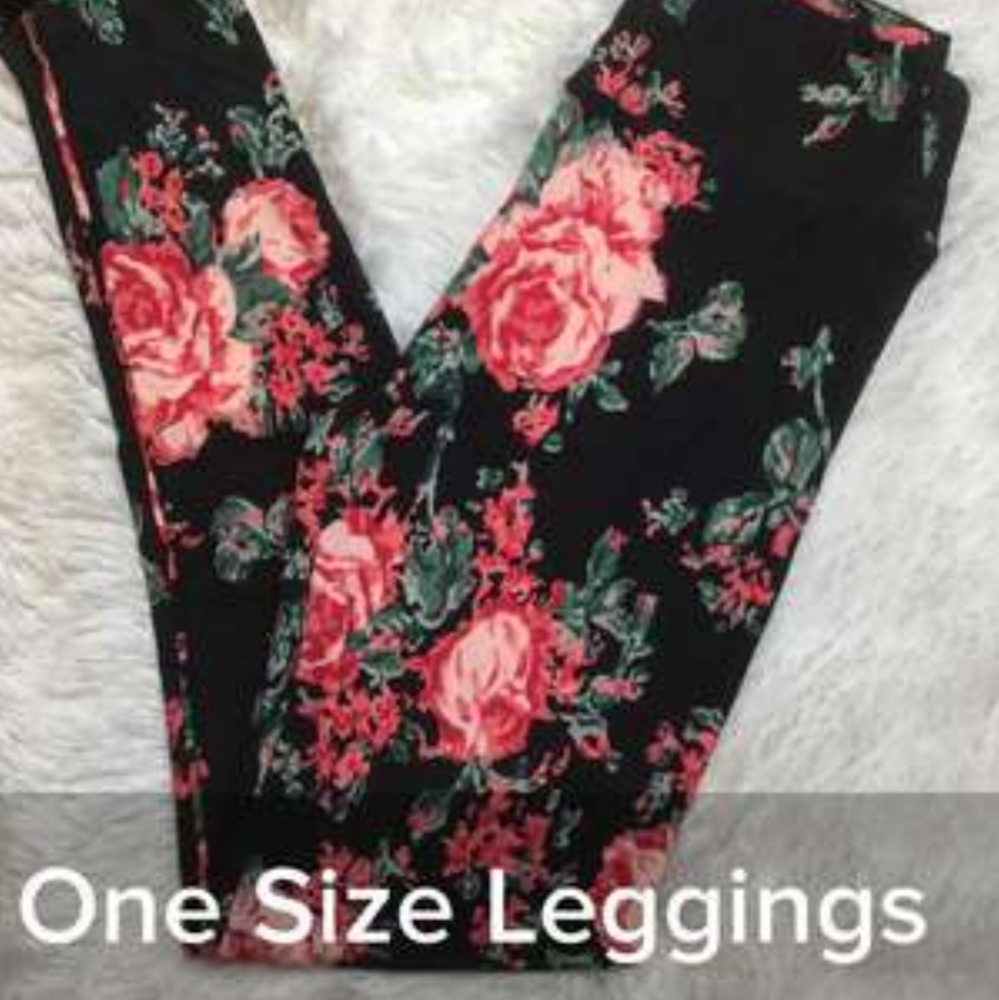 Lula roe new one size leggings black with red rose